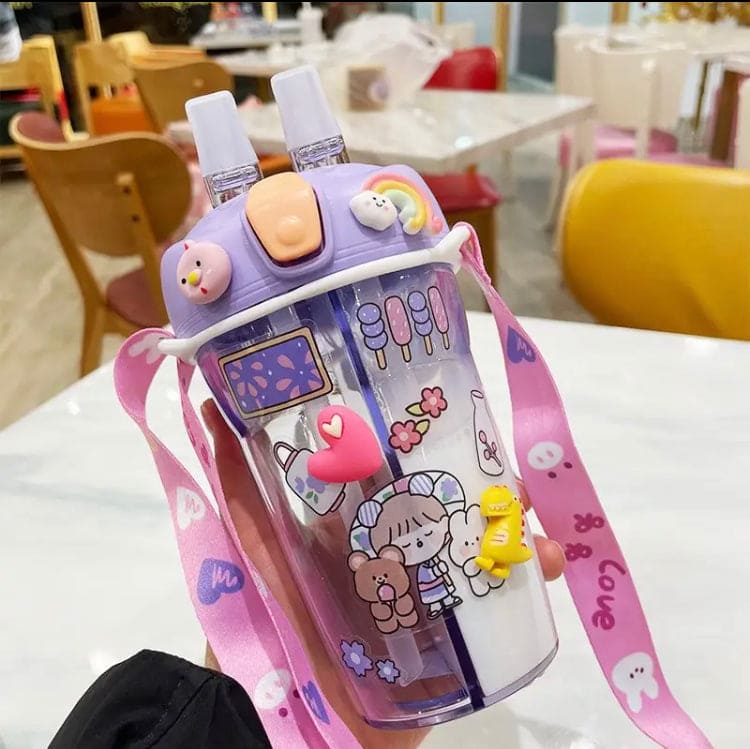 Cute Double Drinking Water Bottle, 430Ml Dual Straw Bottle, Cartoon Sticker Water Bottle, Student Couple Plastic Cup, Transparent Portable Cute Cup with Straw, Double Plastic Sports Cute Water Bottle, Portable Children's Sippy Cup Cute Double Drinking Water Bottle, 430Ml Dual Straw Bottle, Cartoon Sticker Water Bottle, Student Couple Plastic Cup, Transparent Portable Cute Cup with Straw, Double Plastic Sports Cute Water Bottle, Portable Children's Sippy Cup
